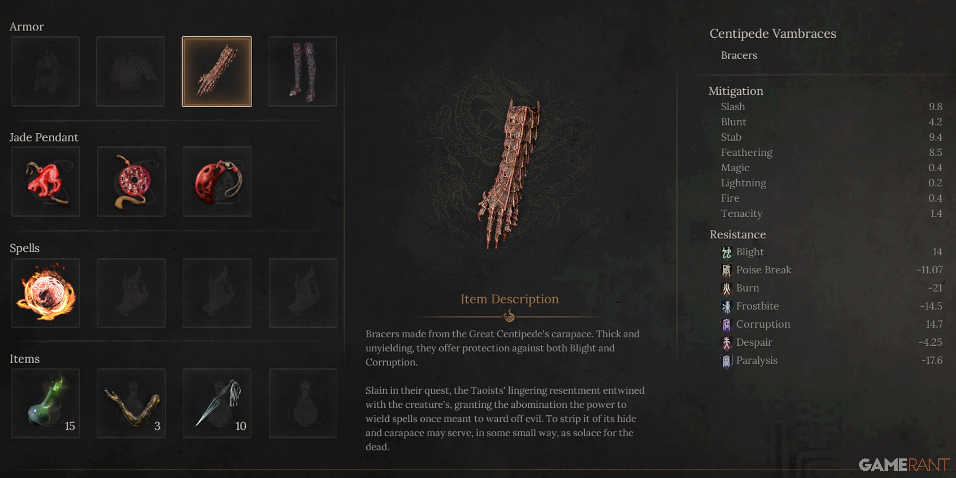 Wuchang Fallen Feathers Centipede Vambraces Armor Stats