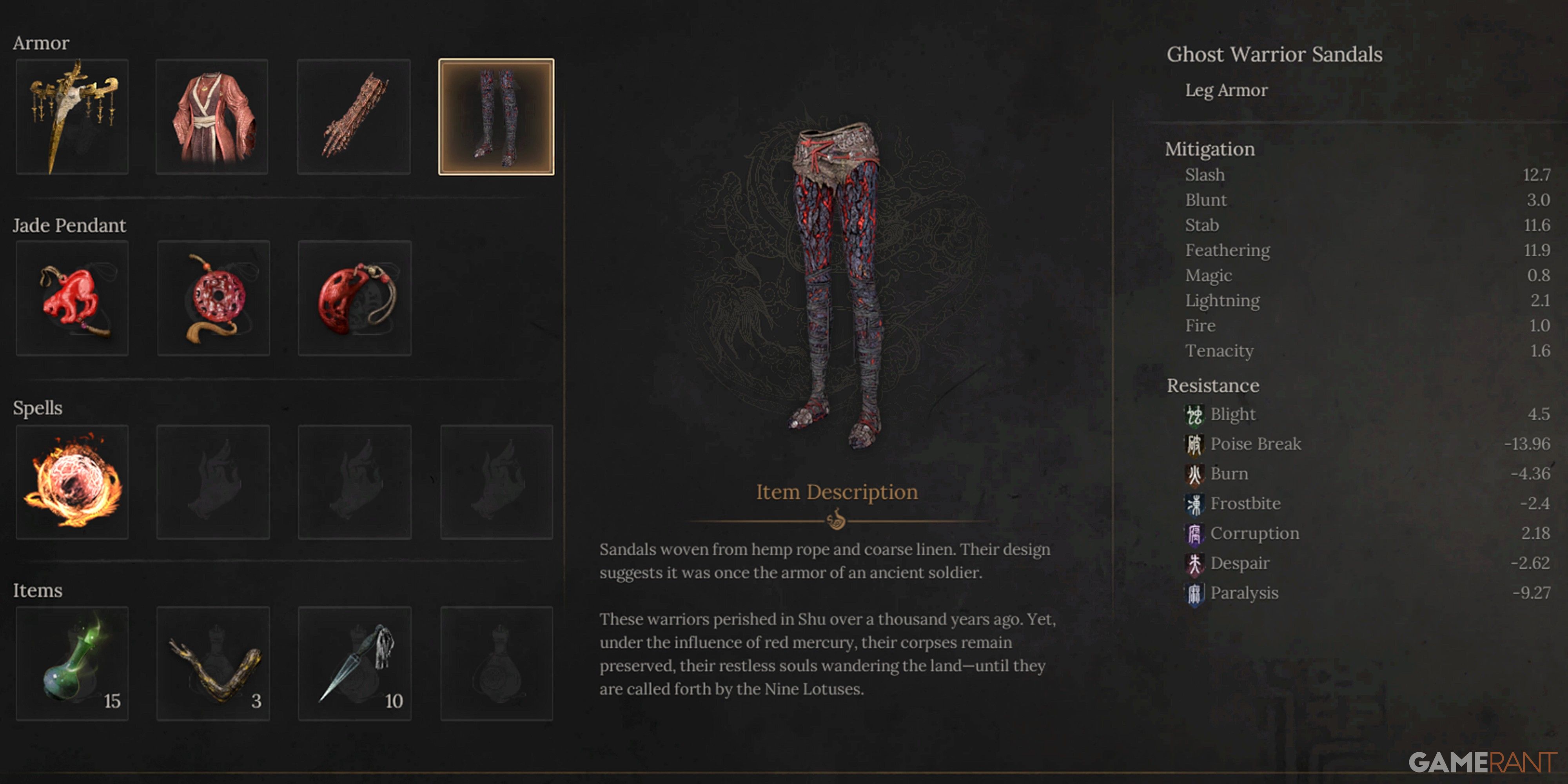 Wuchang Fallen Feathers Ghost Warrior Sandals Armor Stats
