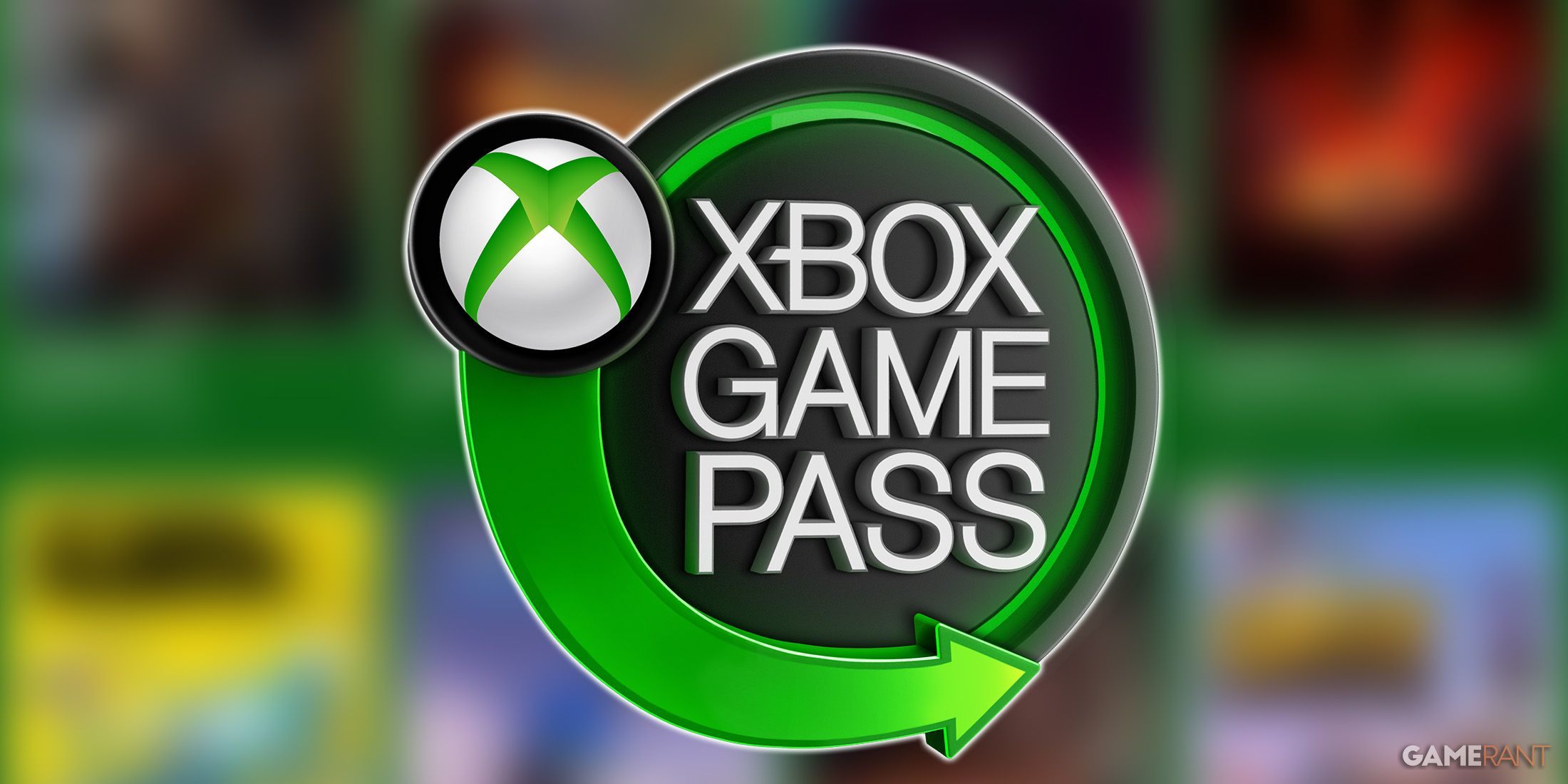 Xbox Game Pass logo emblem in front of blurred game catalog library excerpt